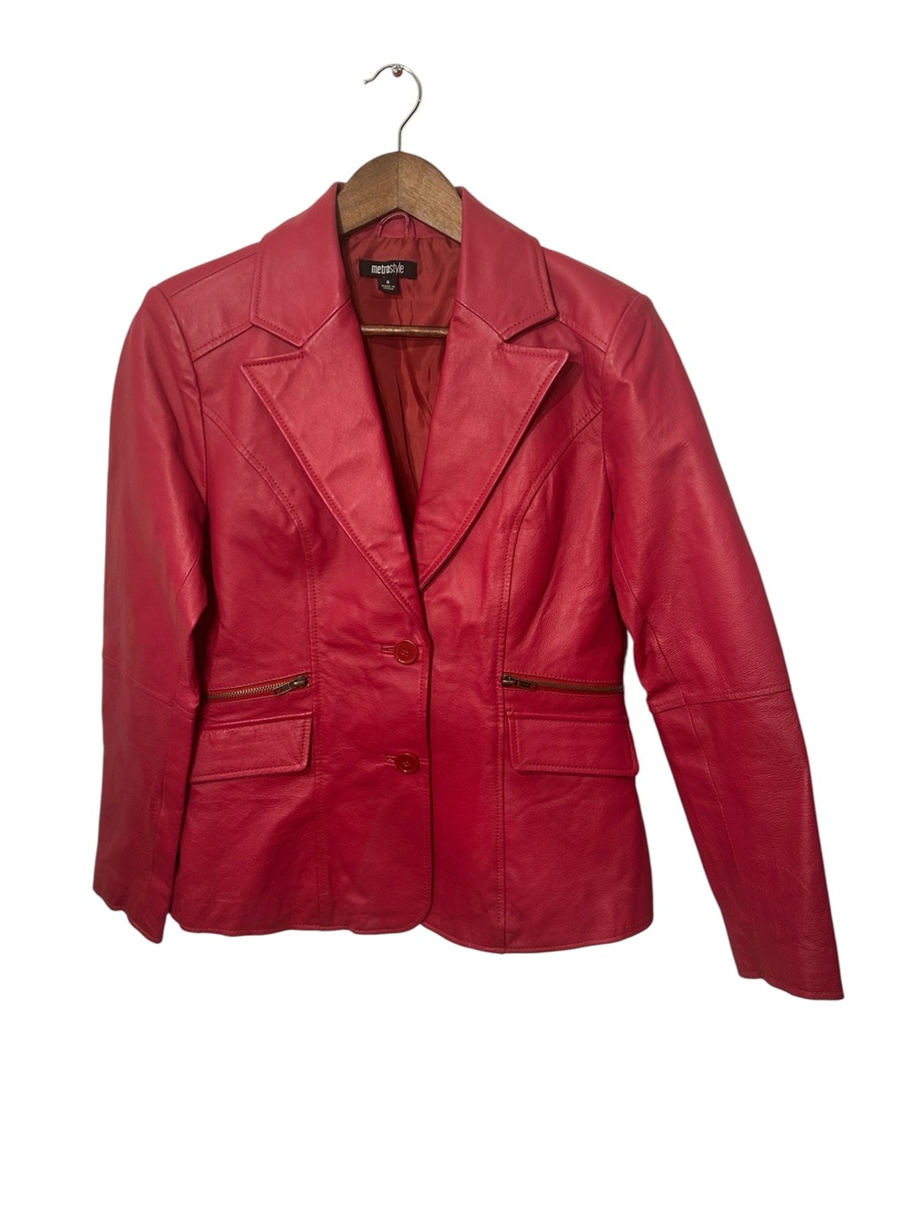 Metrostyle Pink Genuine Leather Blazer Jacket Size 6 Tailored Moto Zip Pocket